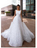 Boat Neck White Sequin Tulle Wedding Dress